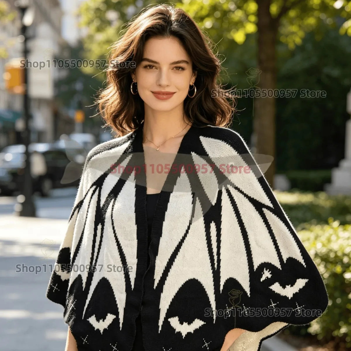 NEW Bat Black and White Knitted Shawl Cape Cardigan Women's Asymmetric Halloween Shawl Ghost Knitwear Coat Shawl