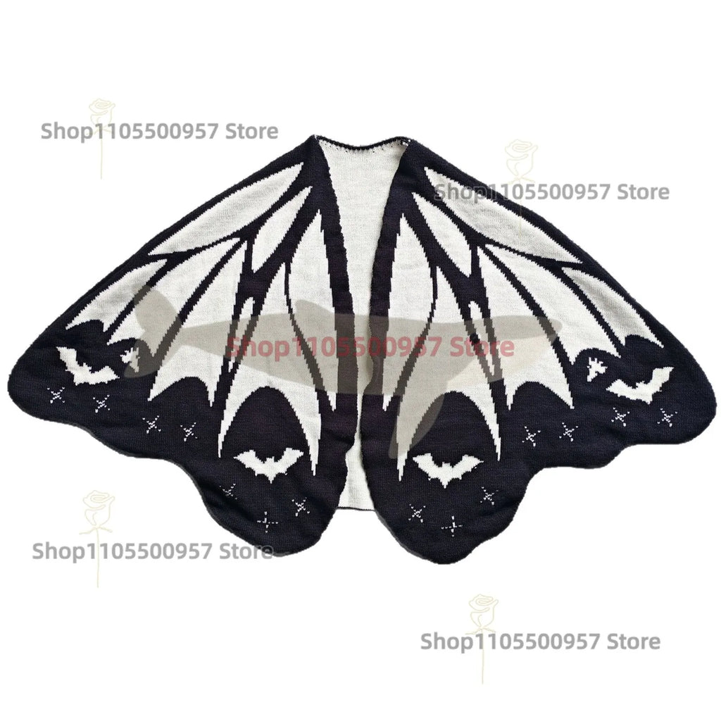 NEW Bat Black and White Knitted Shawl Cape Cardigan Women's Asymmetric Halloween Shawl Ghost Knitwear Coat Shawl